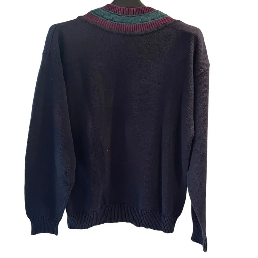 Vintage 90’s Claiborne Men’s V-neck Knit Navy Purple Green Sweater Size Medium